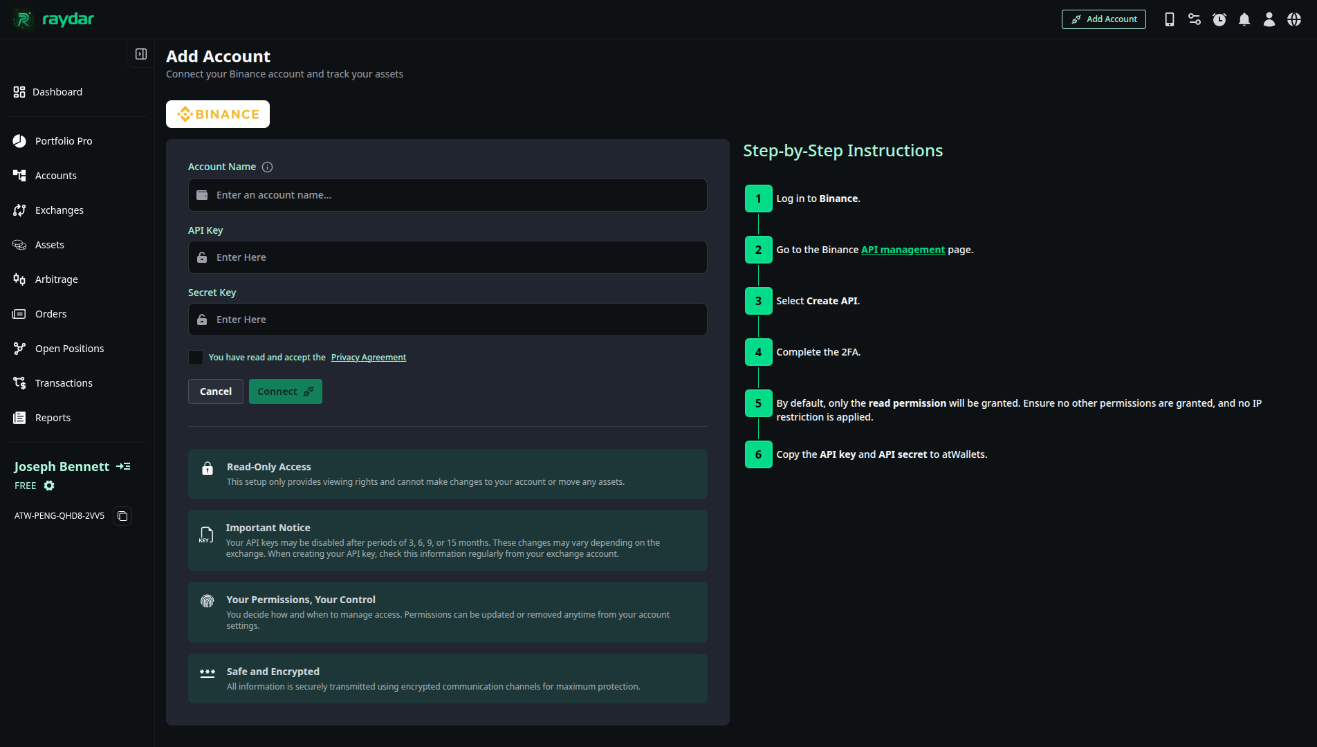Exchange connection screen in Raydar showing step-by-step guide and connection form