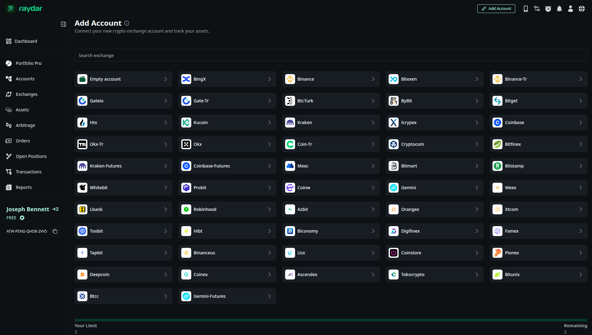Add Account Popup page in Raydar