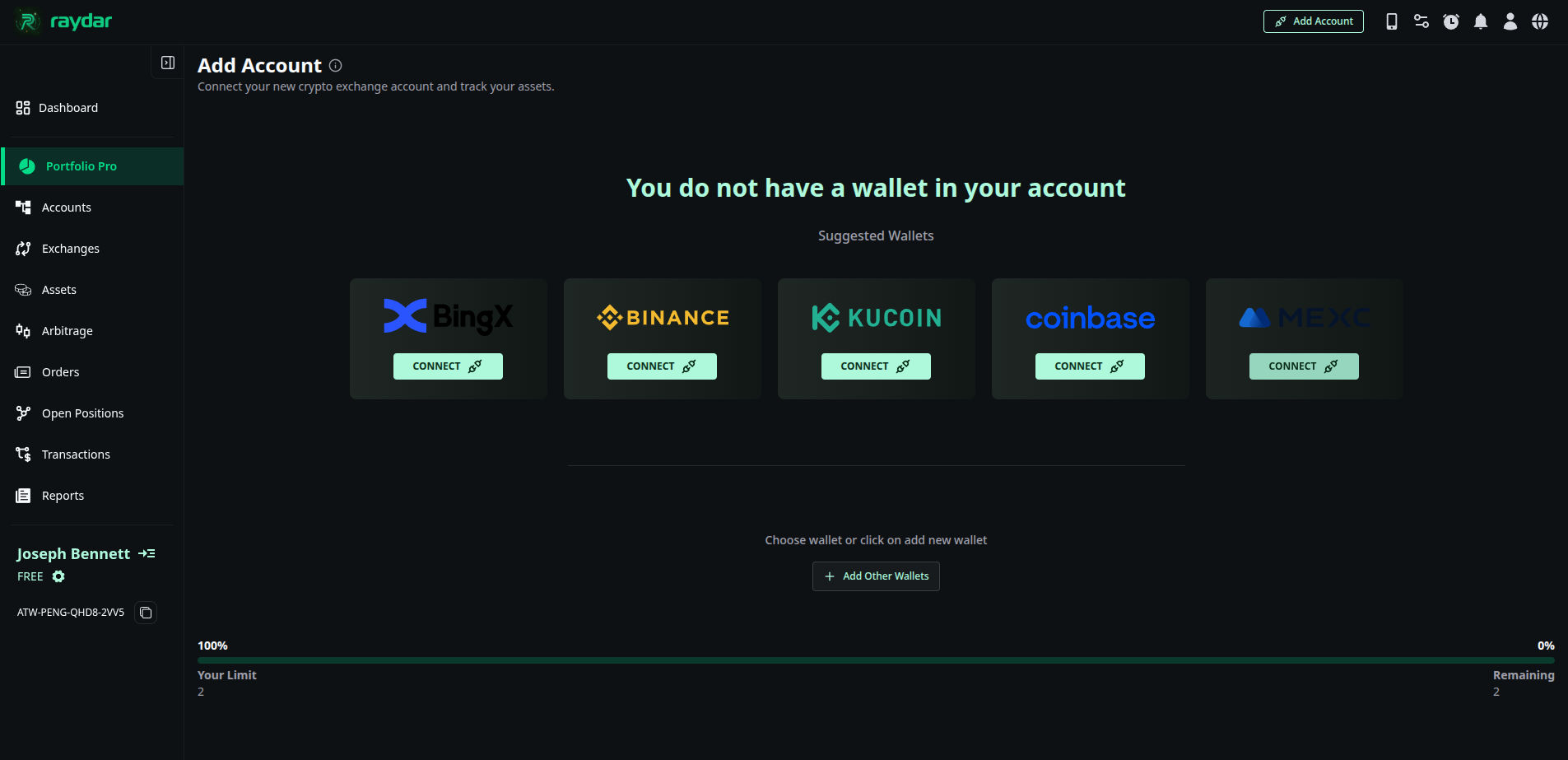 Add Account page in Raydar