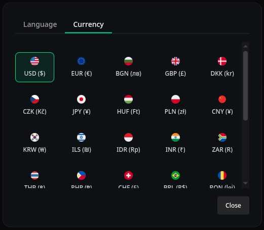 Raydar Currency Selection