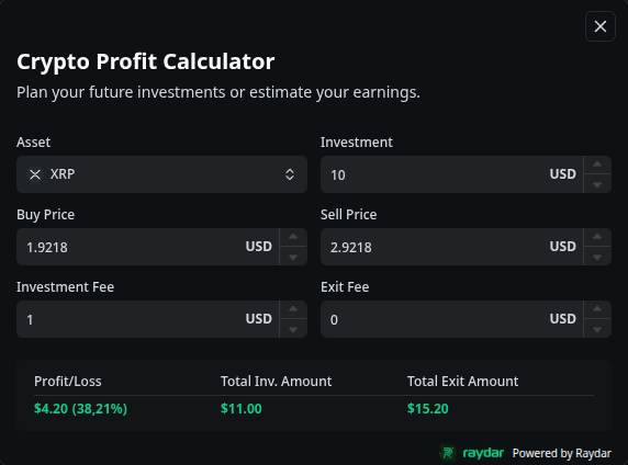 Crypto Profit Calculator in Raydar