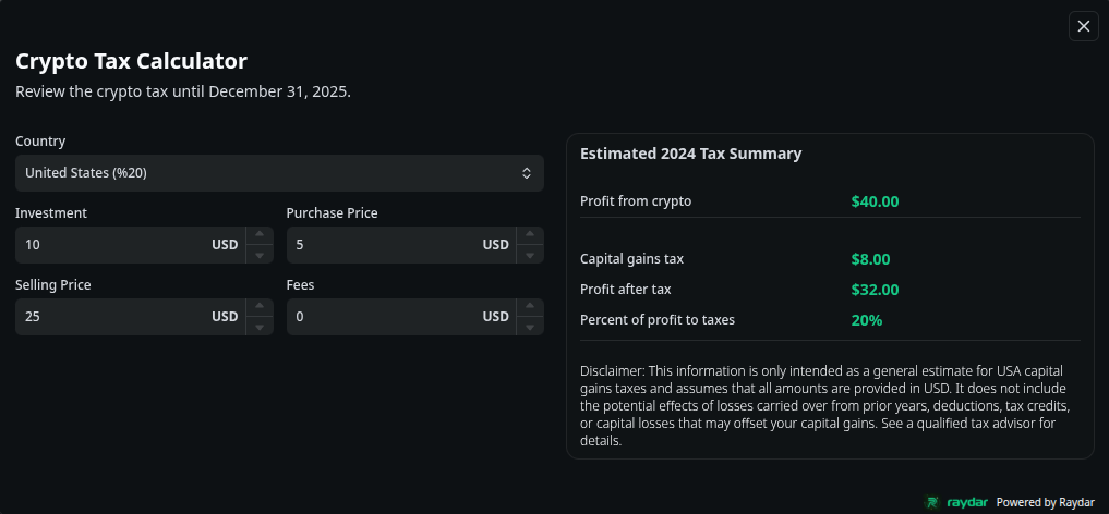 Crypto Tax Calculator in Raydar
