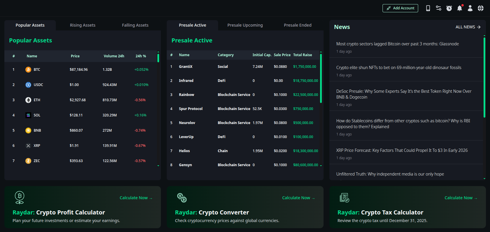 Dashboard Mid page in Raydar