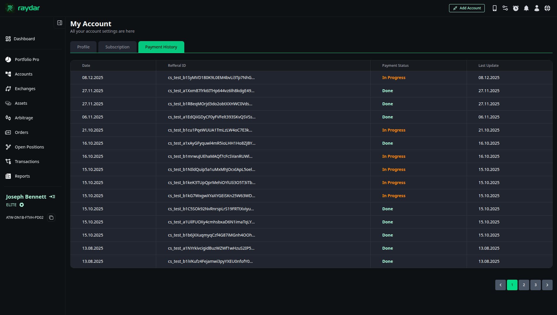 Raydar Payment History page showing transaction log and payment statuses