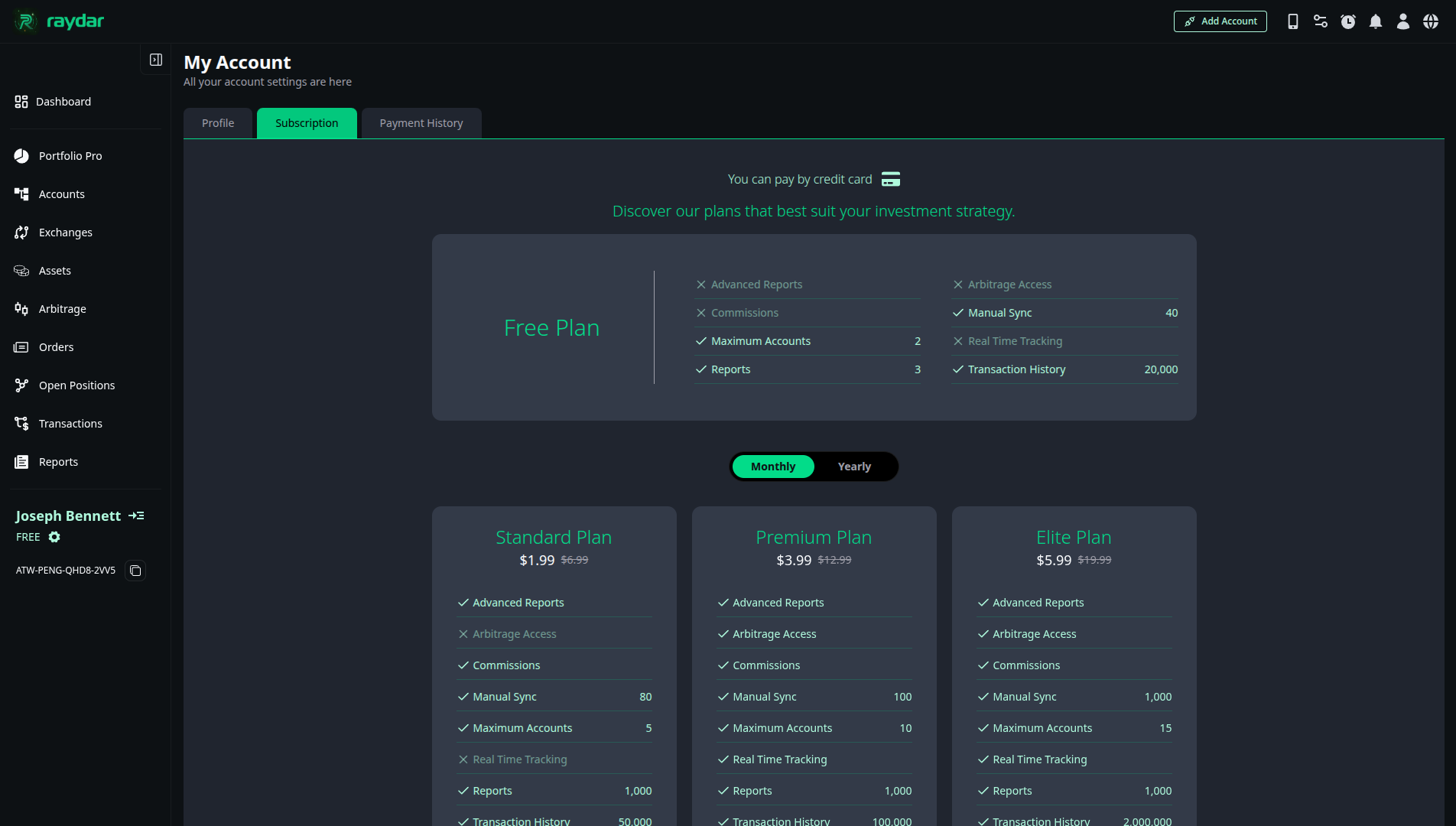 Raydar Subscription page showing plan comparisons and upgrade buttons