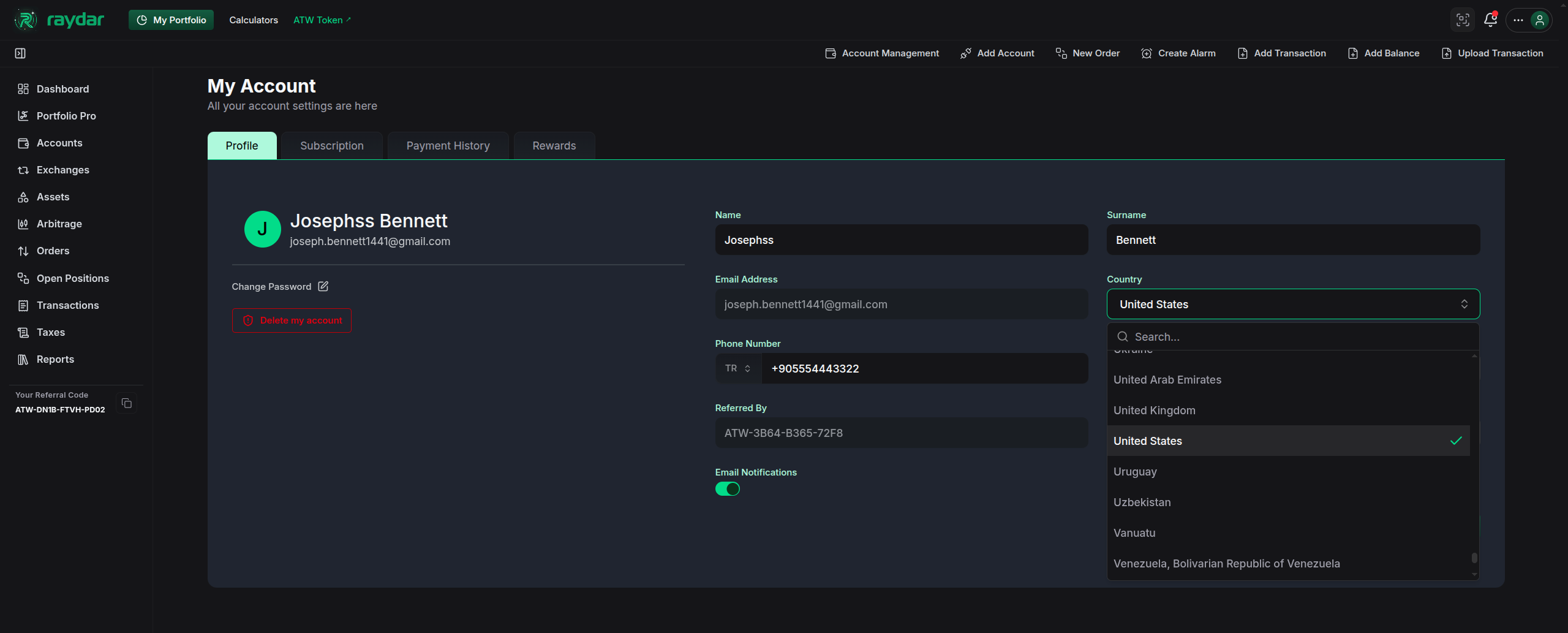 Profile Settings Country Change